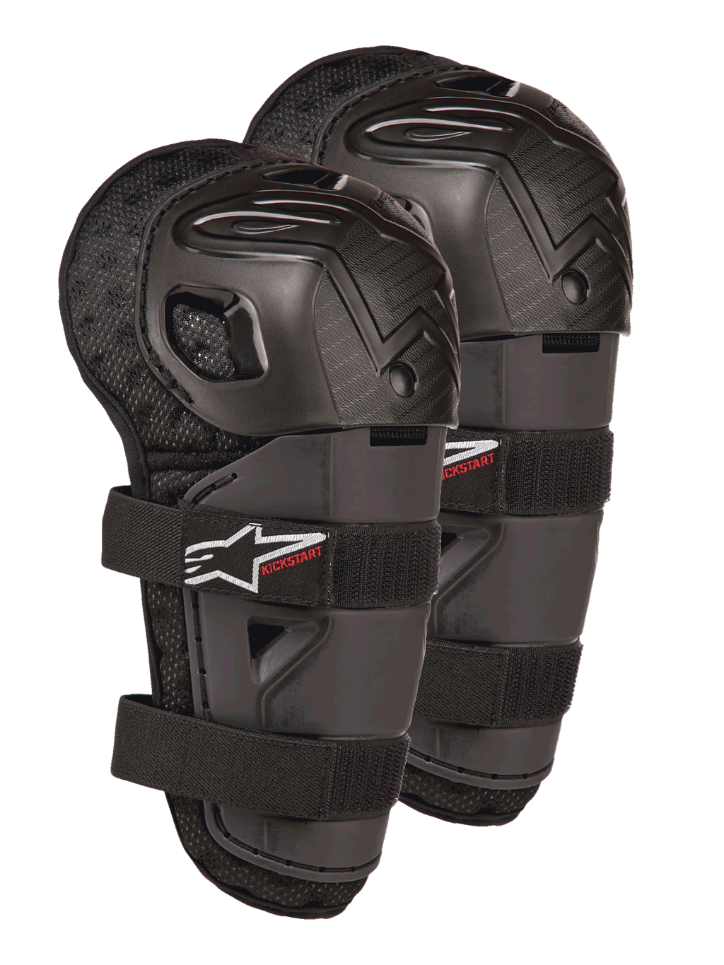 Rodilleras Alpinestars Bionic Action Kickstart, protectores de rodilla y espinilla de motocross para niños, negros con el logo KICKSTART en rojo, carcasa de plástico articulada y correas elásticas dobles, equipo de protección para jóvenes pilotos de todoterreno