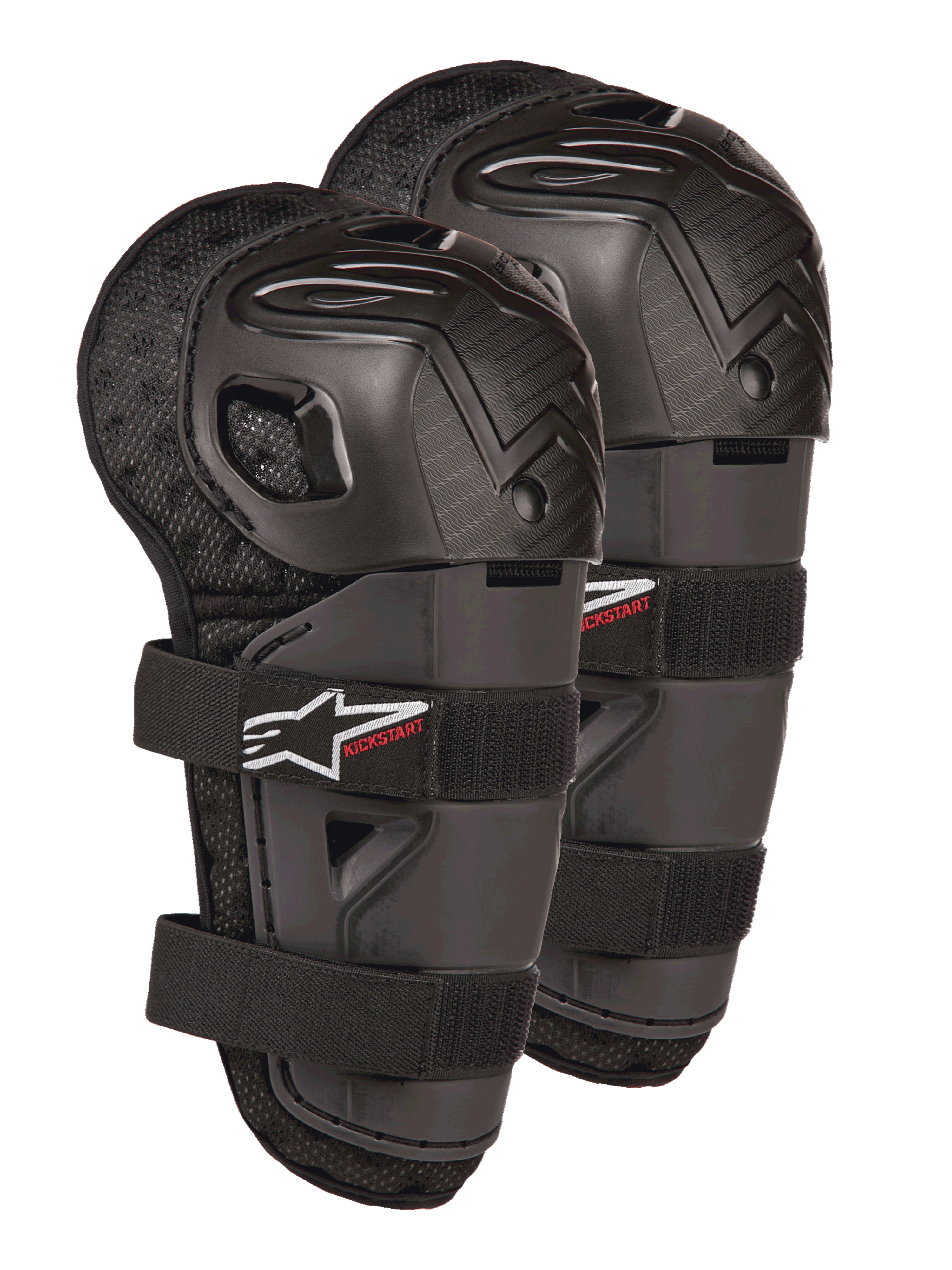 Rodilleras Alpinestars Bionic Action Kickstart, protectores de rodilla y espinilla de motocross para niños, negros con el logo KICKSTART en rojo, carcasa de plástico articulada y correas elásticas dobles, equipo de protección para jóvenes pilotos de todoterreno