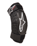 Alpinestars Youth Bionic Action Kickstart Elbow Guard, Black, protective youth elbow pad with white star logo and red Kickstart branding, double adjustable straps with Velcro, breathable mesh fabric, ergonomic design for motocross and action sports