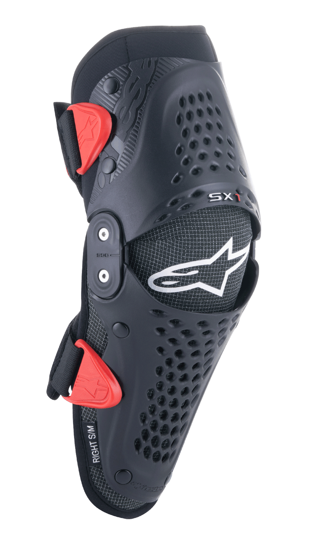 Alpinestars Youth SX-1 Knee Protectors, rodilleras de motocross, negras y rojas, con orificios de ventilación perforados, sistema de bisagra de doble pivote, correas ajustables con hebillas rojas, logotipo de estrella blanca, protección para motociclismo off-road juvenil