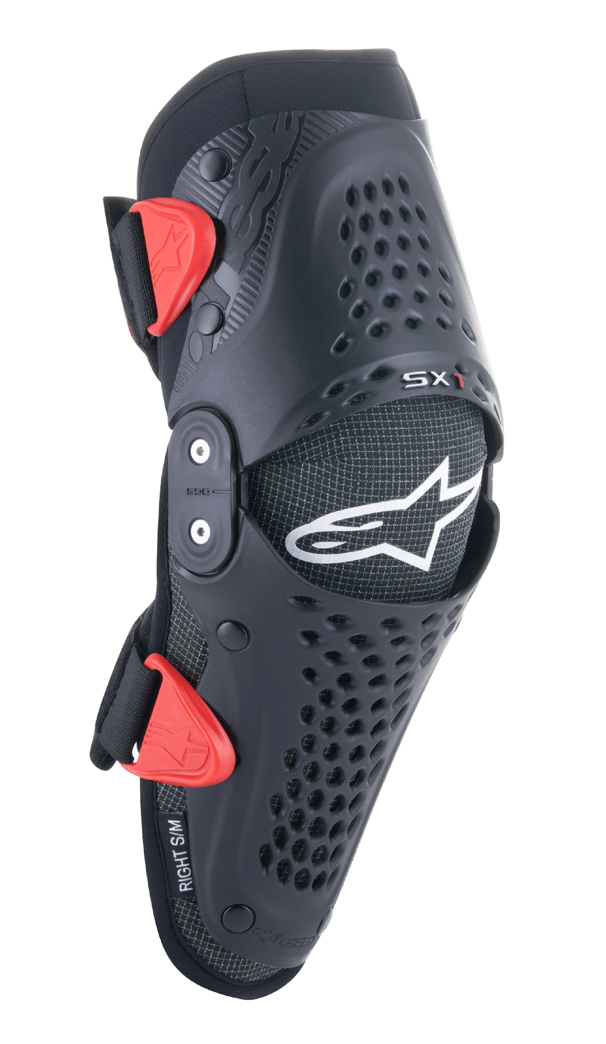 Alpinestars Youth SX-1 Knee Protectors, Motocross Knee Guards, Black and Red, featuring perforated ventilation holes, dual-pivot hinge system, adjustable straps with red buckles, white star logo, youth off-road motorcycle protection