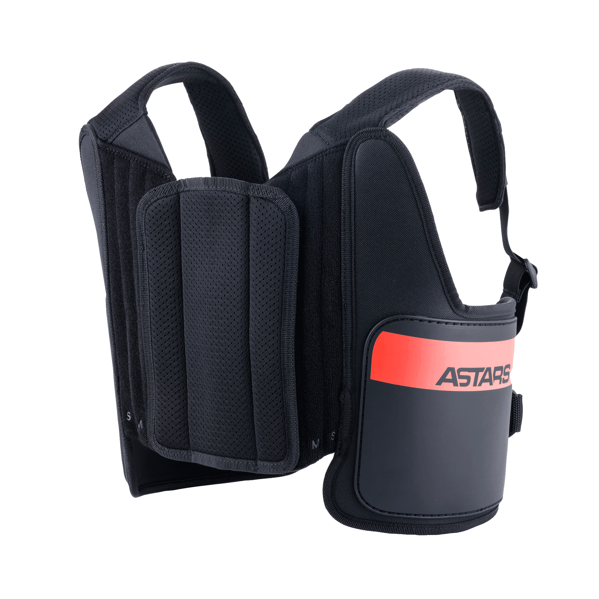 Alpinestars Youth Bionic Rib Support, Karting Rib Protector, Black with Red accents, featuring adjustable mesh shoulder straps, padded central panel, and rigid side shells with the ASTARS logo, lightweight ergonomic safety gear for young drivers.