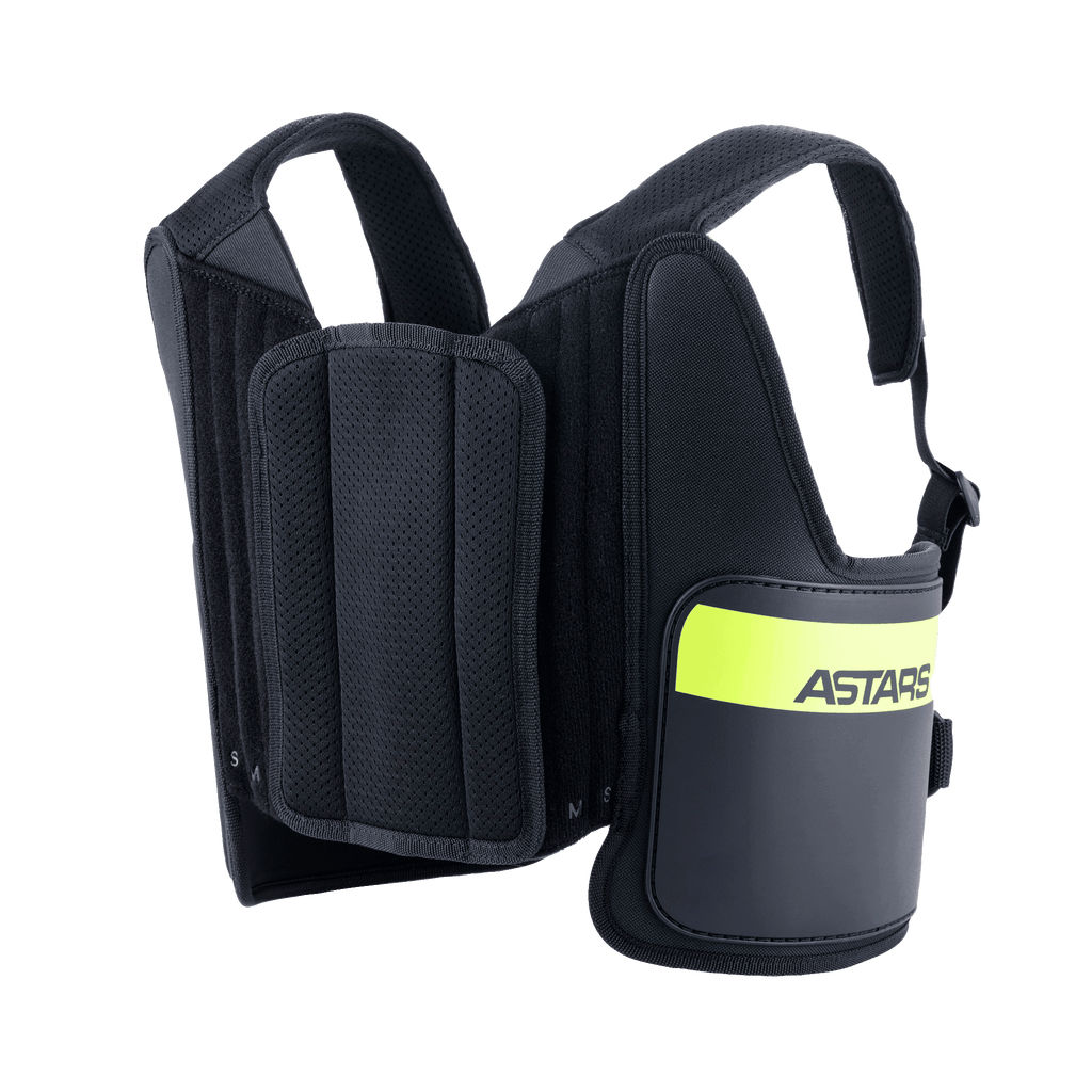 Alpinestars Youth Bionic Rib Support, protector de costillas para karting, negro y amarillo flúor, con correas de hombro ajustables de malla, paneles laterales acolchados con una banda amarillo flúor brillante y marca ASTARS, diseño ergonómico para protección en carreras de karts