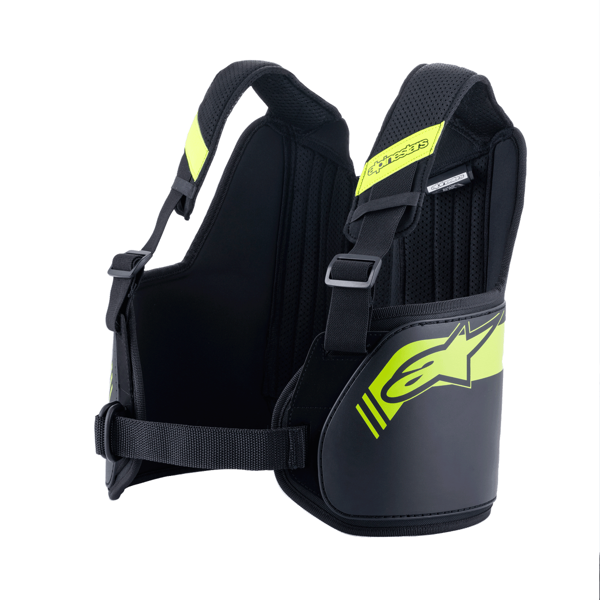Alpinestars Youth Bionic Rib Support, protector de costillas para karting, negro y amarillo neón, correas de hombros y panel trasero ajustables, protectores ergonómicos de doble densidad con núcleo de fibra de vidrio, forro de malla 3D transpirable, equipo de seguridad para carreras de karts juveniles