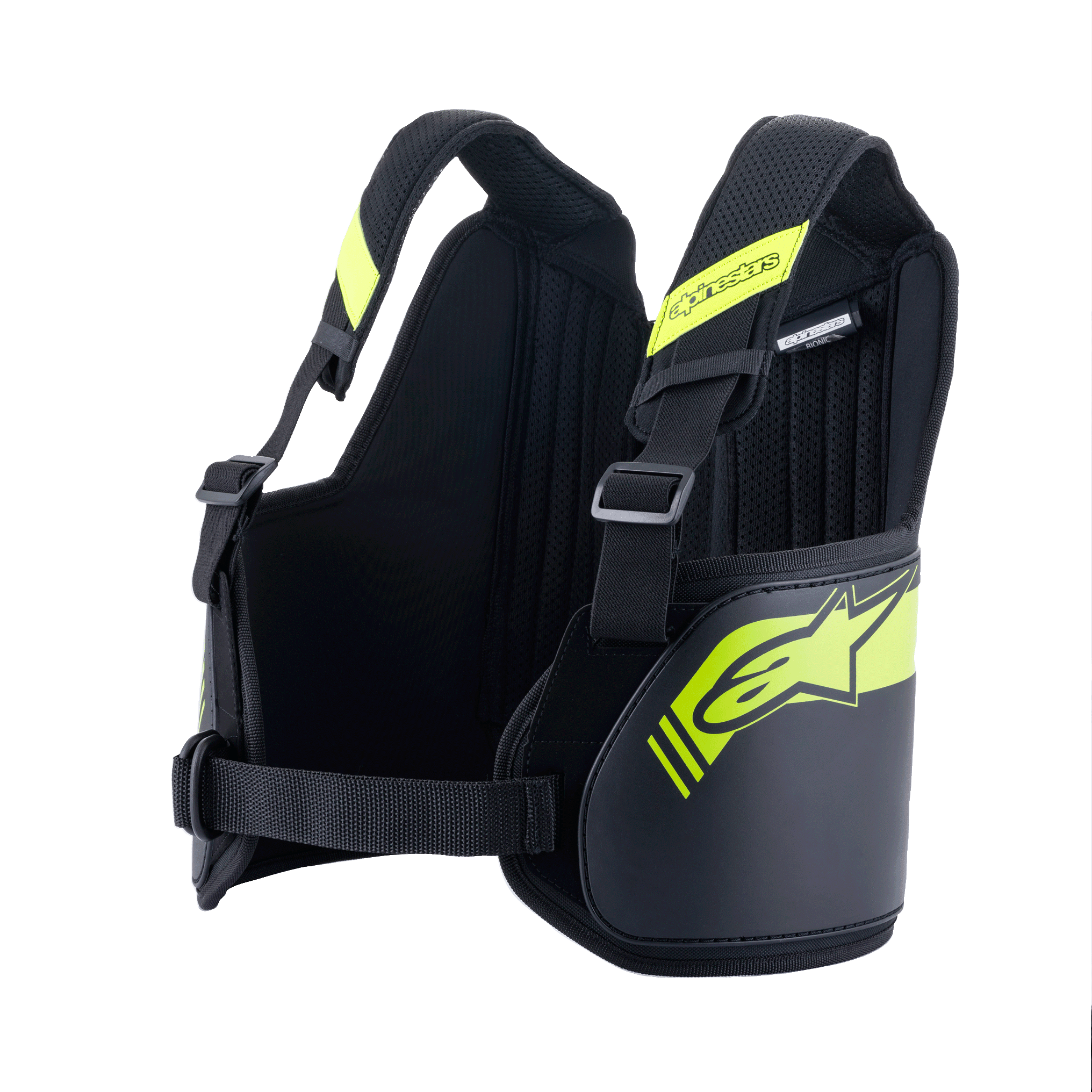 Alpinestars Youth Bionic Rib Support, protector de costillas para karting, negro y amarillo neón, correas de hombros y panel trasero ajustables, protectores ergonómicos de doble densidad con núcleo de fibra de vidrio, forro de malla 3D transpirable, equipo de seguridad para carreras de karts juveniles