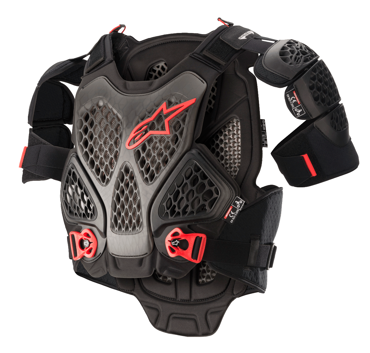Alpinestars A-6 Chest Protector, peto protector para motocross, negro antracita y rojo, con placas de tecnología Cell de panal, logotipo rojo de Alpinestars, hebillas rojas ajustables de liberación rápida y protectores de hombros extraíbles