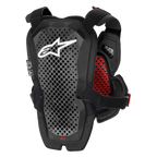 Protector de Pecho Alpinestars A-1 Pro, Gris Antracita y Rojo, vista trasera con el panel protector de espalda, Tecnología de Poliedro perforada para ventilación, logotipo de Astars en blanco, acolchado interior de nido de abeja rojo, equipo de protección para motocross