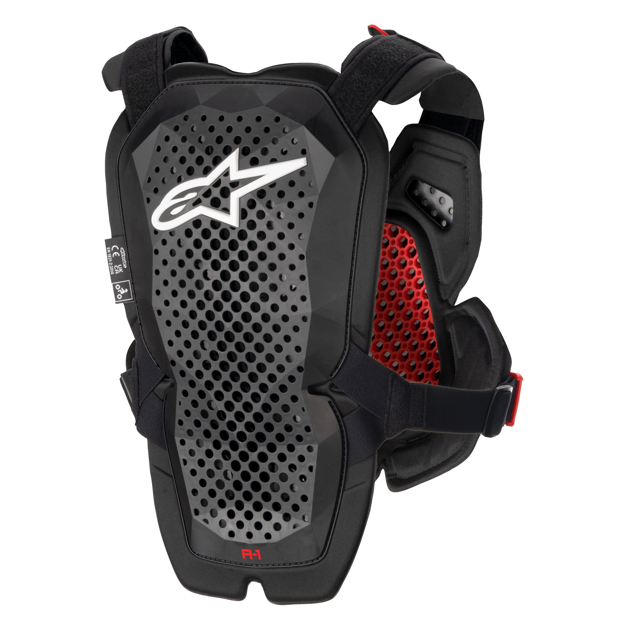 Protector de Pecho Alpinestars A-1 Pro, Gris Antracita y Rojo, vista trasera con el panel protector de espalda, Tecnología de Poliedro perforada para ventilación, logotipo de Astars en blanco, acolchado interior de nido de abeja rojo, equipo de protección para motocross