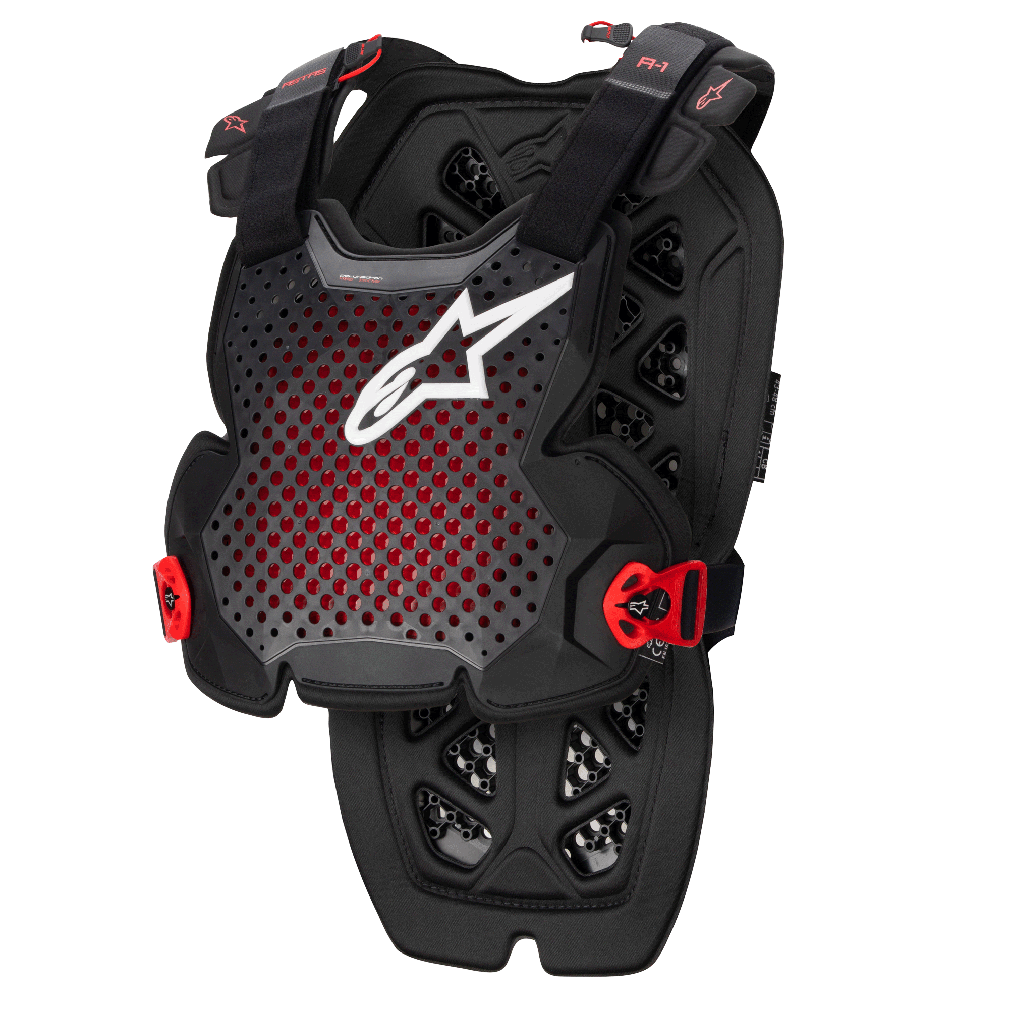 Alpinestars A-1 Pro Chest Protector, negro antracita y rojo, diseño perforado transpirable con logotipo blanco, correas ajustables con hebillas rojas, patrón de ventilación hexagonal, armadura protectora ligera para motocross y conducción off-road