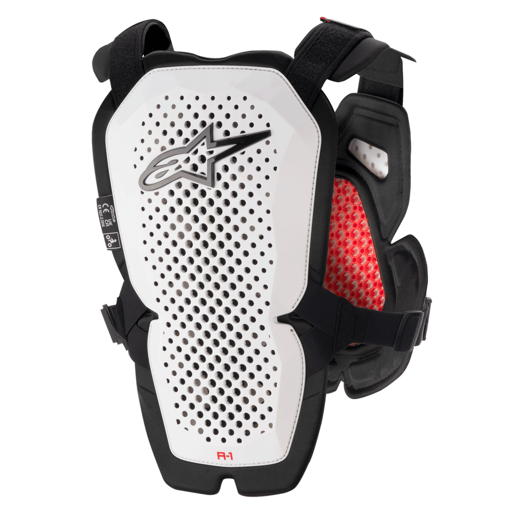 Protector de pecho Alpinestars A-1 Pro, blanco y negro con detalles rojos, panel trasero perforado para ventilación, acolchado interior de panal rojo, equipo de protección ligero para motocross