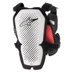 Protector de pecho Alpinestars A-1 Pro, blanco y negro con detalles rojos, panel trasero perforado para ventilación, acolchado interior de panal rojo, equipo de protección ligero para motocross