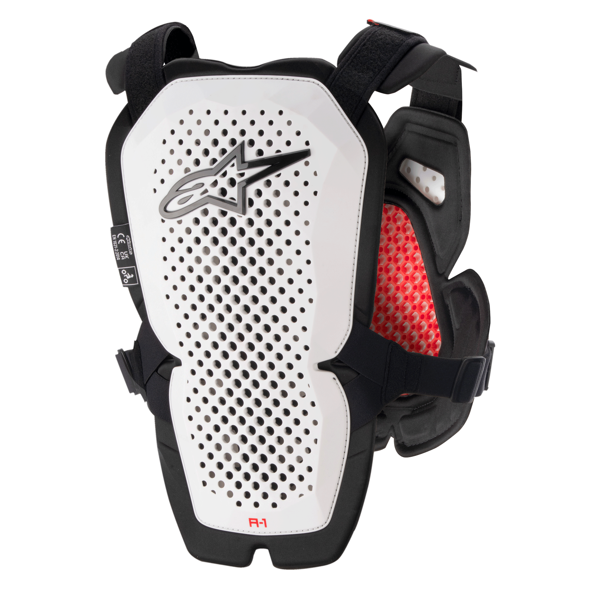 Protector de pecho Alpinestars A-1 Pro, blanco y negro con detalles rojos, panel trasero perforado para ventilación, acolchado interior de panal rojo, equipo de protección ligero para motocross