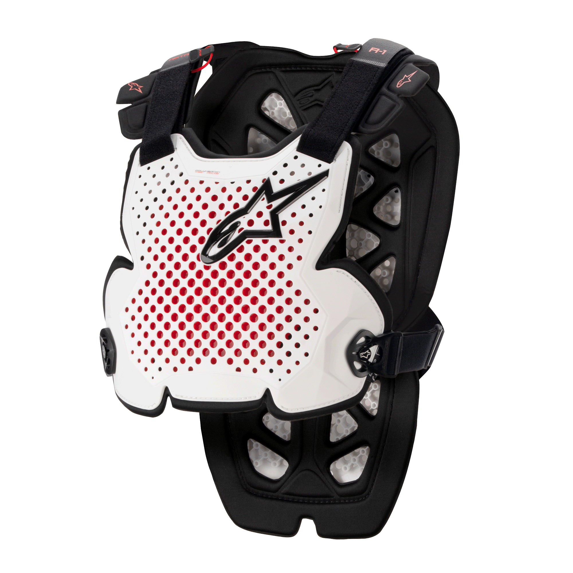 Alpinestars A-1 Pro Chest Protector, peto de motocross, blanco, negro y rojo, con ventilación perforada e interior rojo, logotipo de estrella negro, correas negras ajustables, acolchado protector ligero para carreras off-road