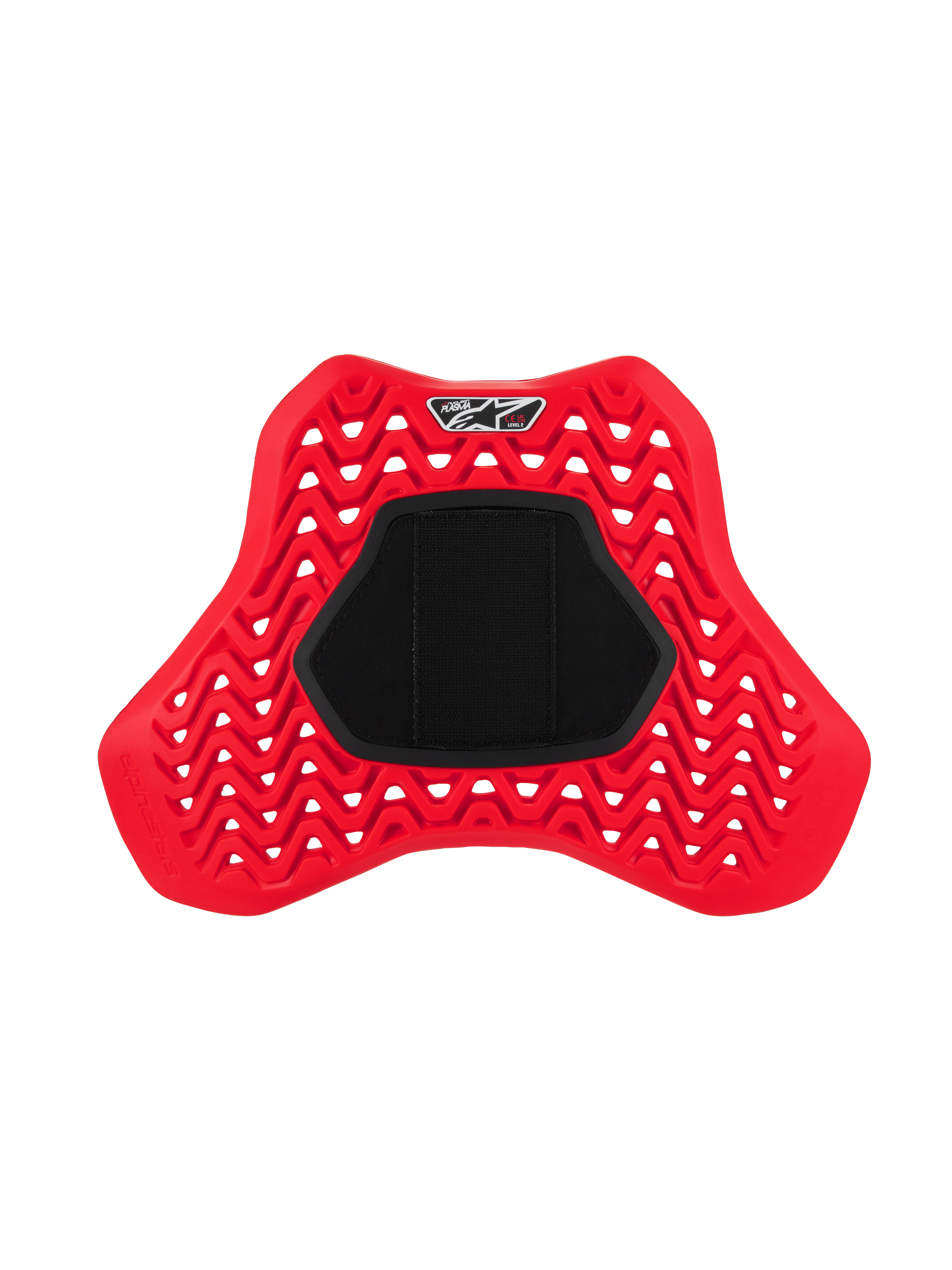 Alpinestars Nucleon Plasma Full Chest Protector Hook and Loop, rojo y negro, con diseño en zigzag perforado para el flujo de aire, panel central grande de gancho y bucle negro, e inserto ergonómico de protección para motocicleta en forma de escudo para impactos.
