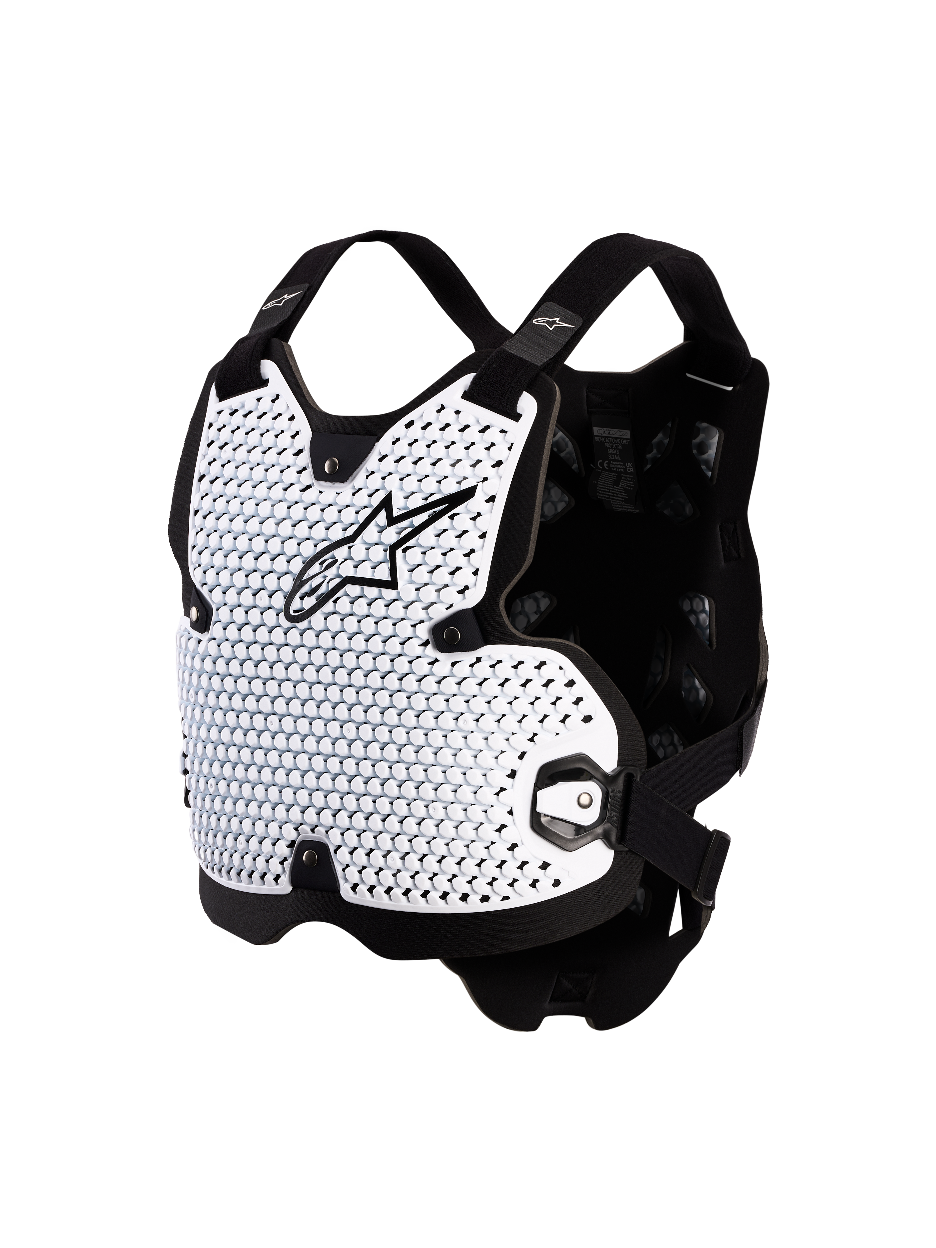 Alpinestars Bionic Action Chest Protector for Motocross, White and Black, featuring ventilated CE Level 1 A-Morph Technology.