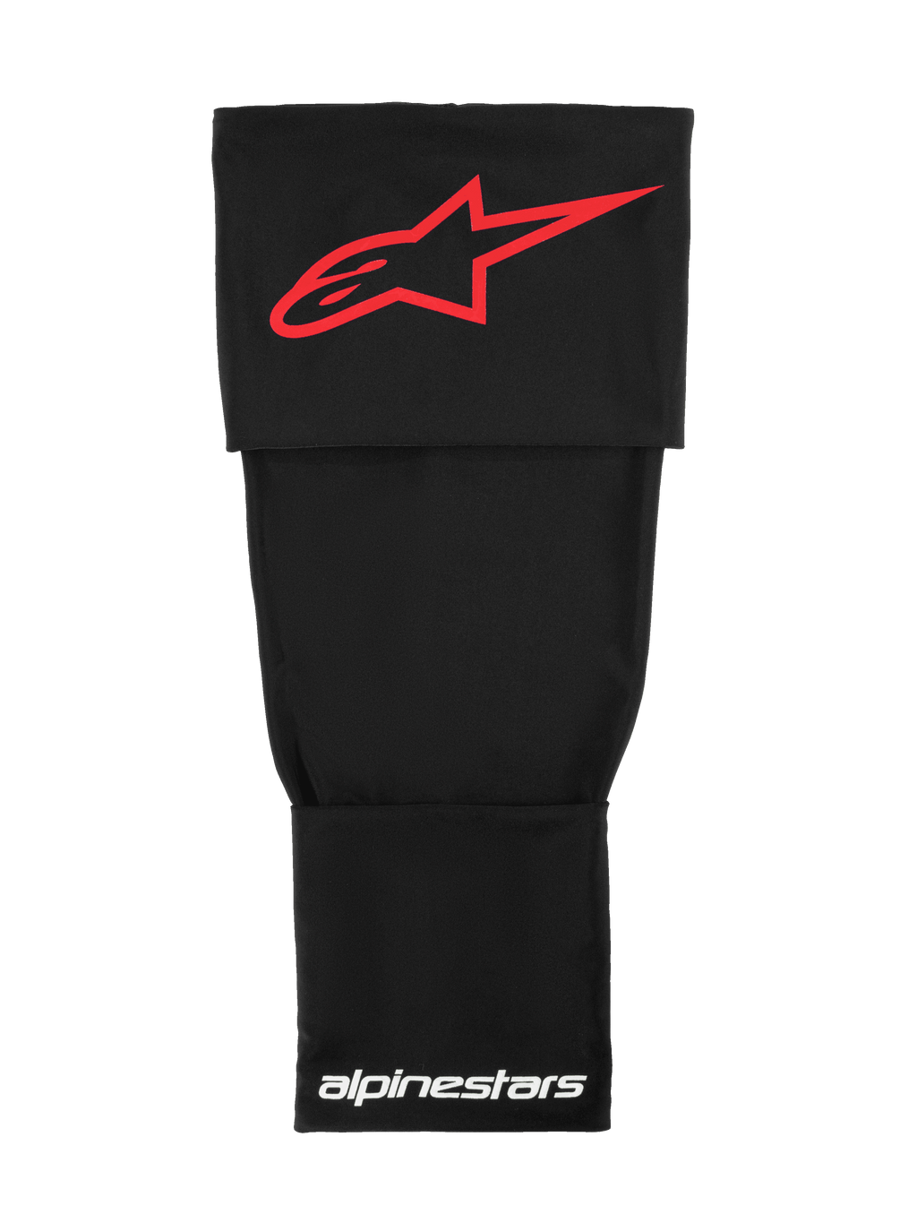 Funda de rodillera Alpinestars Rk-S, capa base técnica de motocross, negra con logotipo Alpinestars rojo y marca blanca, tejido elástico de doble capa para soporte bajo la rodillera