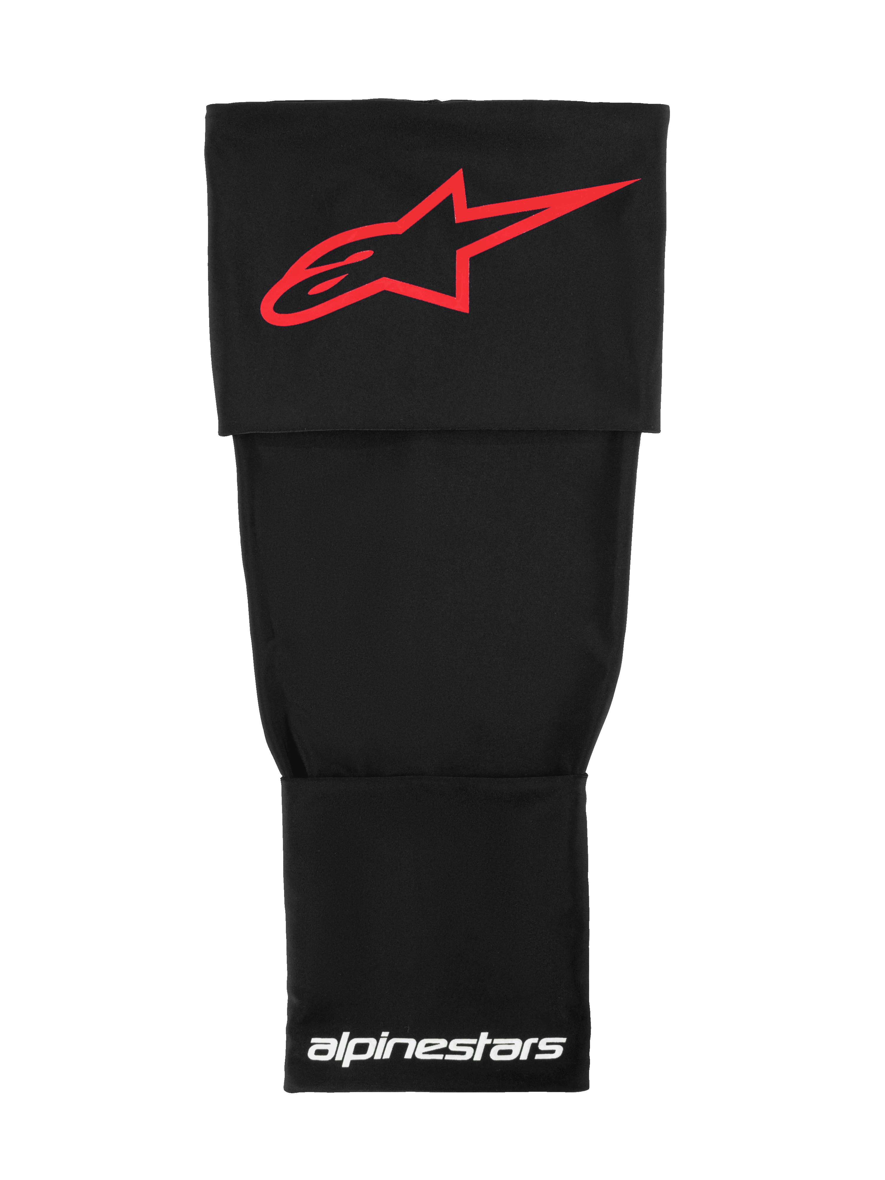 Funda de rodillera Alpinestars Rk-S, capa base técnica de motocross, negra con logotipo Alpinestars rojo y marca blanca, tejido elástico de doble capa para soporte bajo la rodillera
