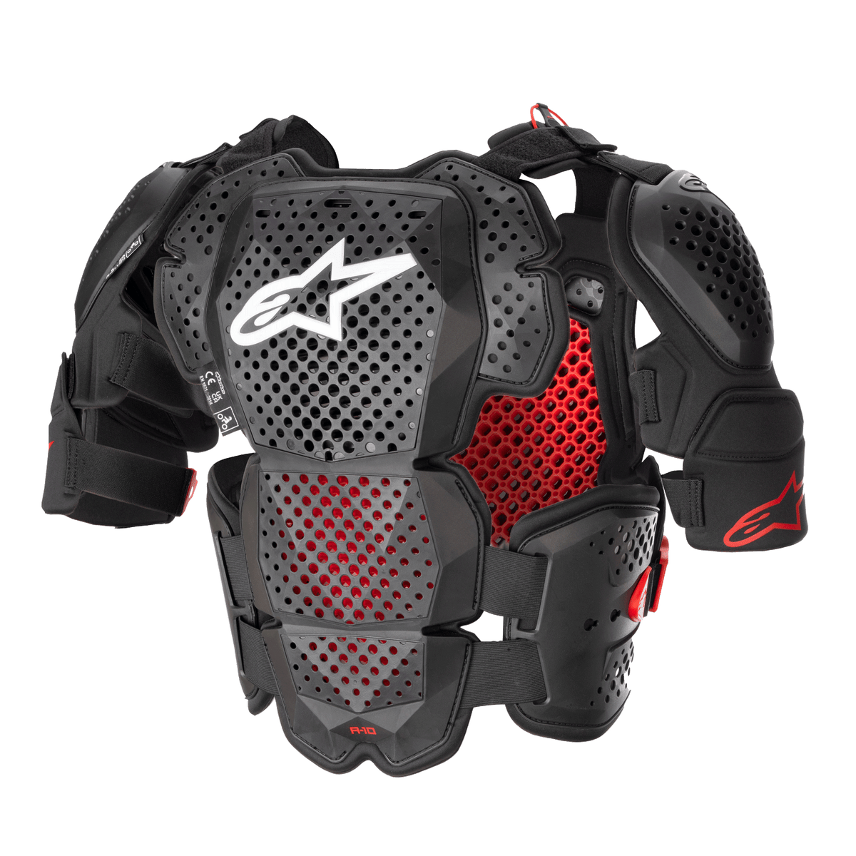 Alpinestars A-10 V2 Full Chest Protector, protector de pecho completo para motocross, negro antracita y rojo, con placas perforadas en el pecho y los hombros, forro de panal rojo, logotipo blanco de Alpinestars en el centro del pecho, equipo de protección ultra ligero