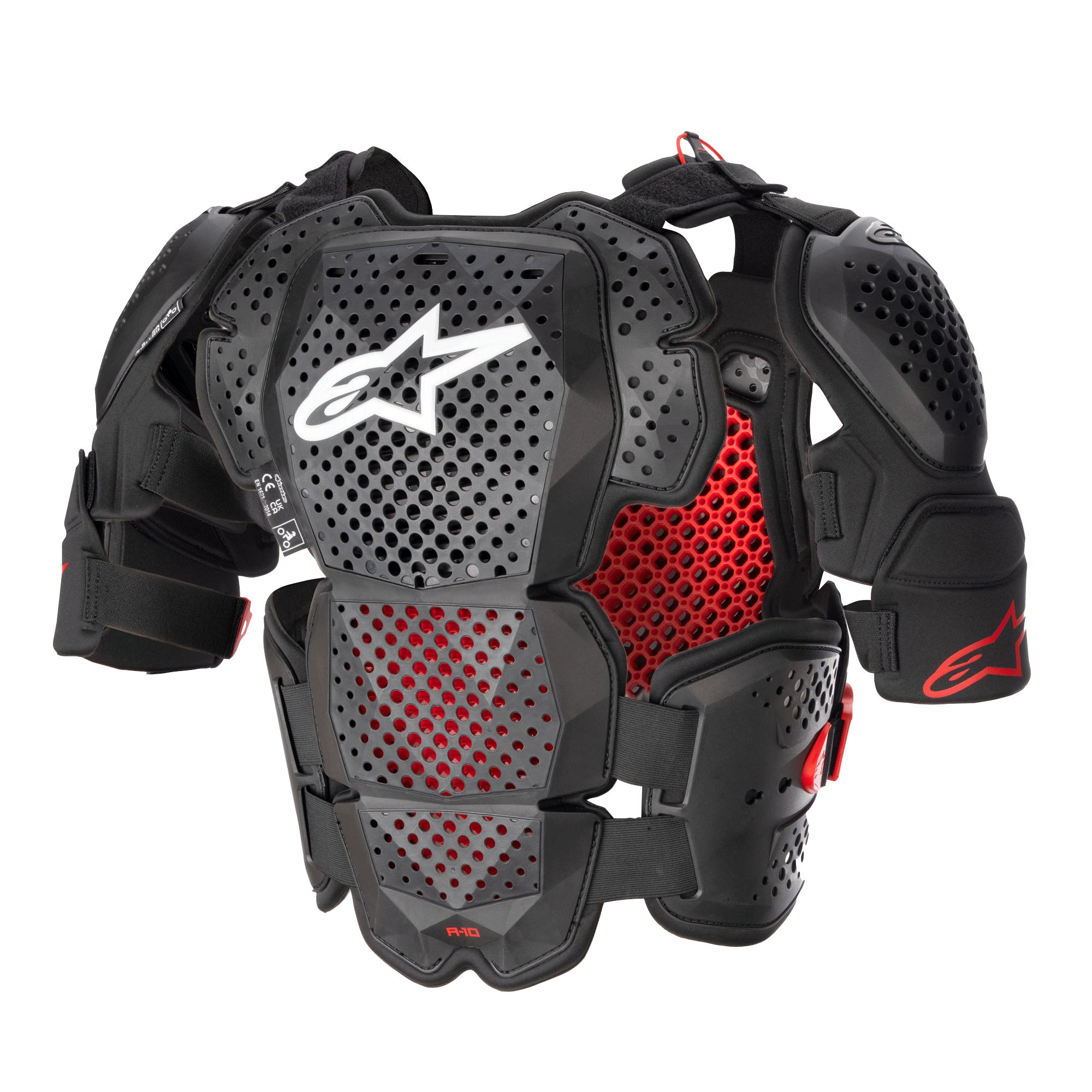 Alpinestars A-10 V2 Full Chest Protector, Motocross Body Armor, Anthracite Black and Red, featuring perforated chest and shoulder plates, red honeycomb lining, white Alpinestars logo on center chest, ultra-lightweight protective gear