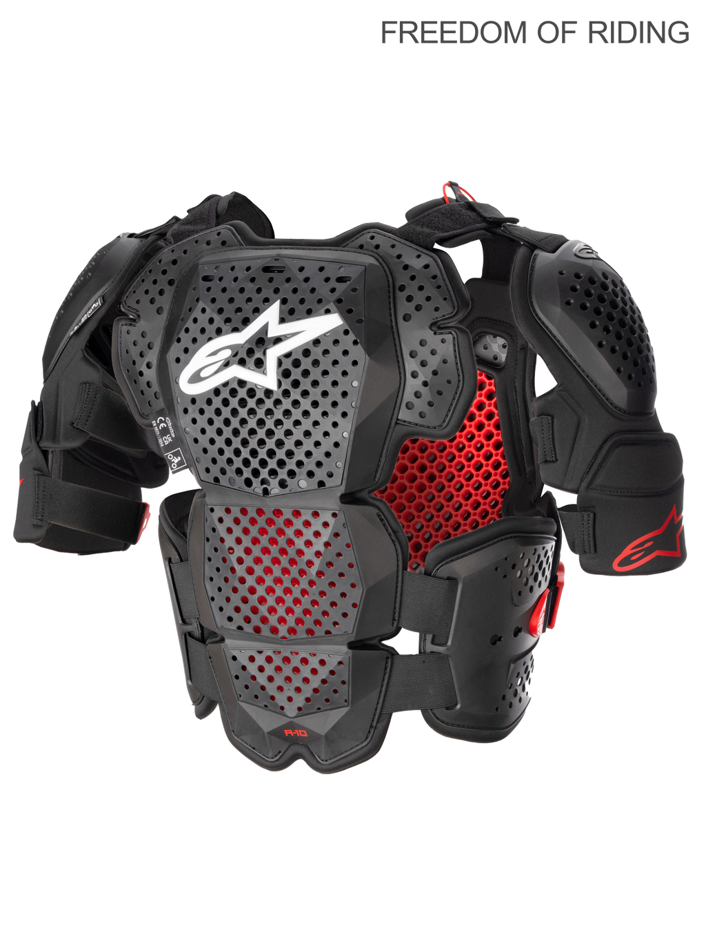Alpinestars A-10 V2, protector de pecho completo para motocross y off-road de hombre, negro antracita y rojo, certificado CE nivel 2, con tecnología híbrida de poliedro para máxima ventilación y protectores de hombros.