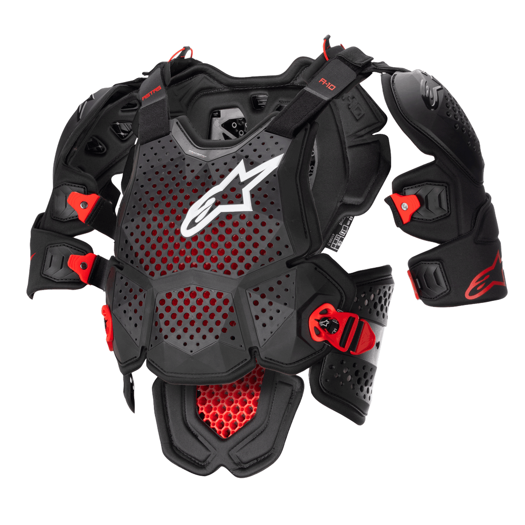 Alpinestars A-10 V2 Full Chest Protector, Motocross Body Armor, Anthracite Black and Red, featuring a perforated chest plate with white Alpinestars logo, adjustable shoulder pads, and red impact-resistant buckles, protective gear for off-road racing