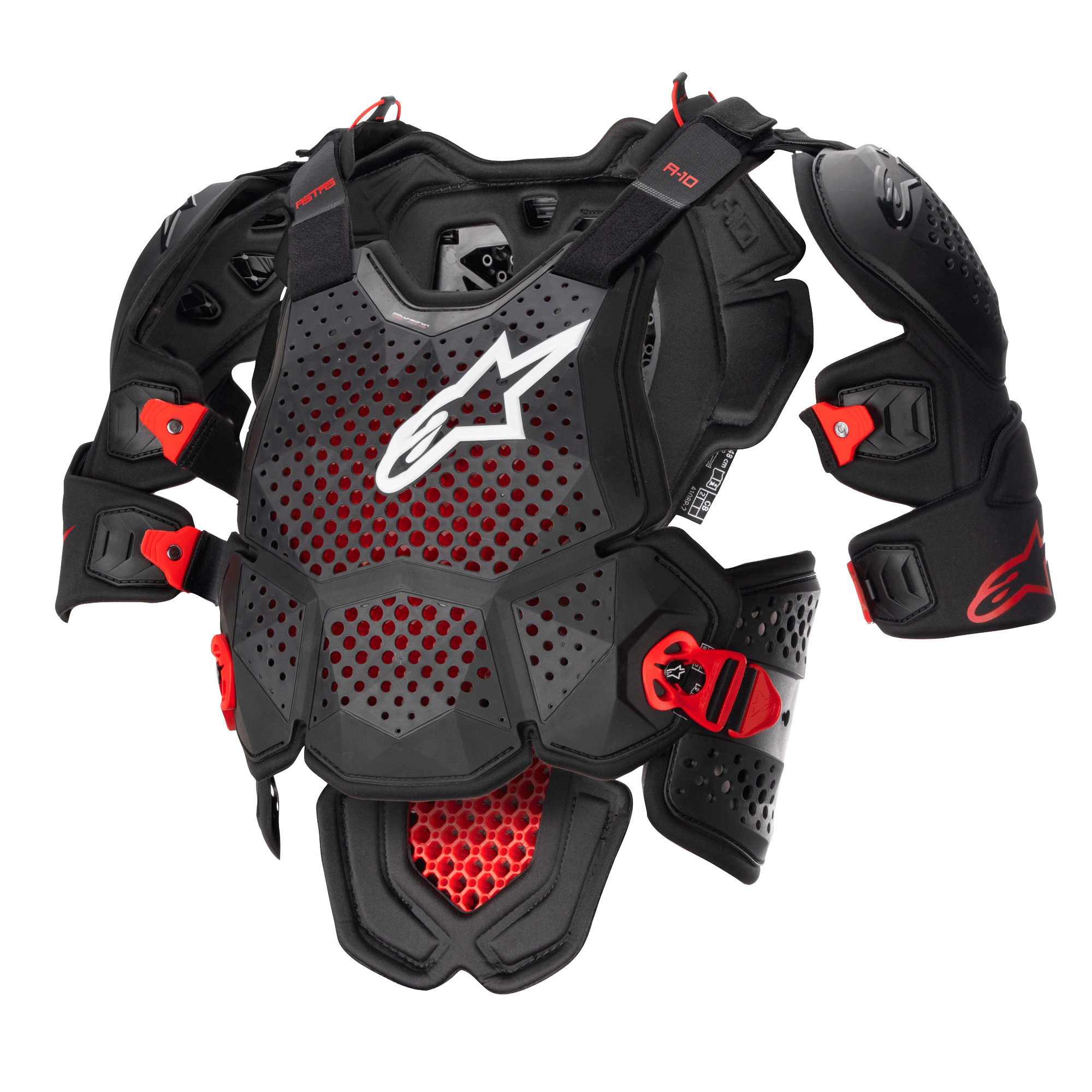 Alpinestars A-10 V2 Full Chest Protector, armadura corporal de motocross, negro antracita y rojo, con placa de pecho perforada y logotipo blanco de Alpinestars, hombreras ajustables y hebillas rojas resistentes a impactos, equipo de protección para carreras todoterreno