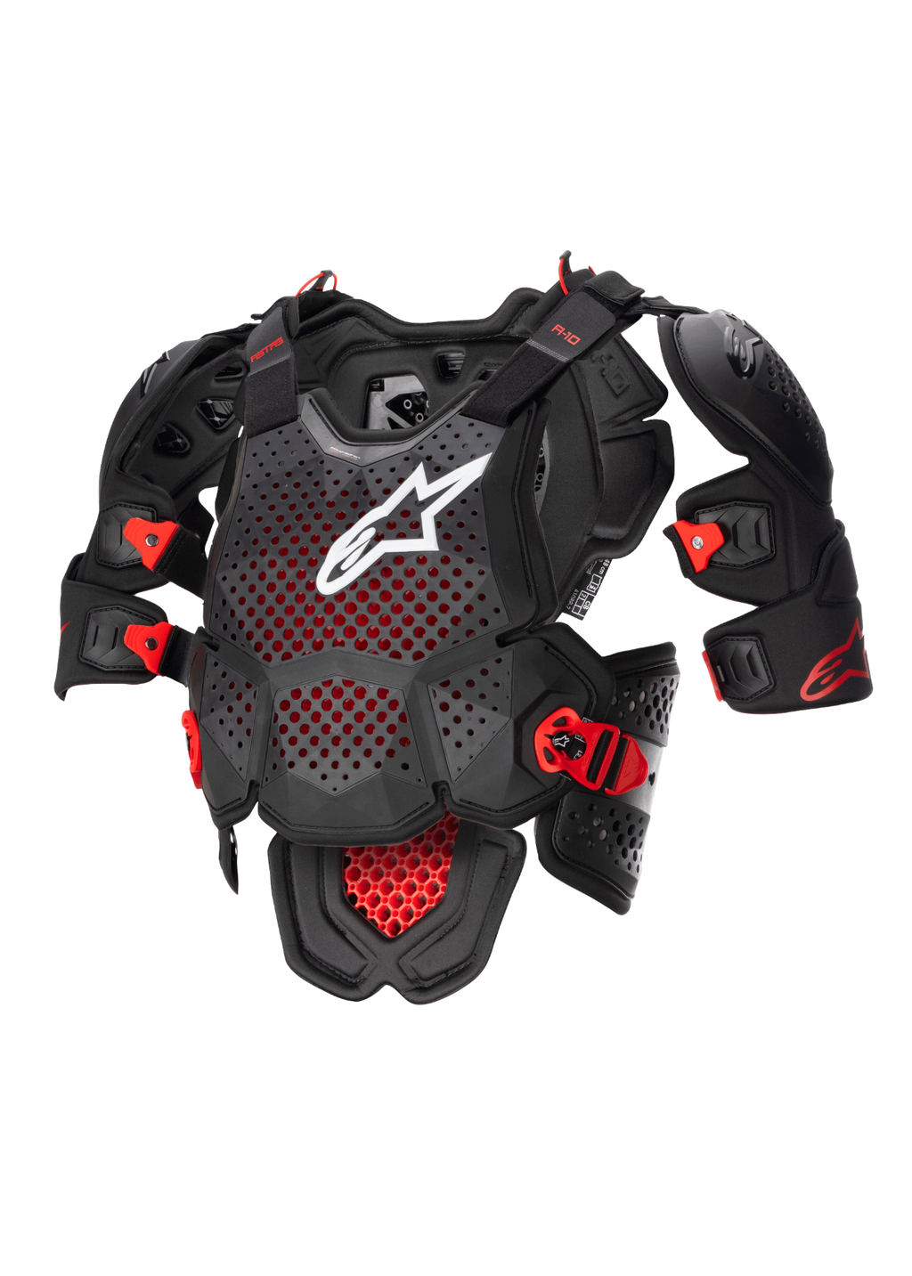Alpinestars A-10 V2 Protector De Pecho Completo, equipo de protección para motocross, negro, rojo y blanco, con placa de pecho ventilada y certificación CE Nivel 2