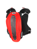 Protector de pecho Alpinestars A-5 Plasma, protector de pecho y espalda para motocicleta, negro y rojo, vista posterior que muestra la carcasa Nucleon PLASMA roja perforada y ondulada con una zona central gris, correas ajustables negras con logotipos blancos, equipo de protección para motocross y conducción off-road
