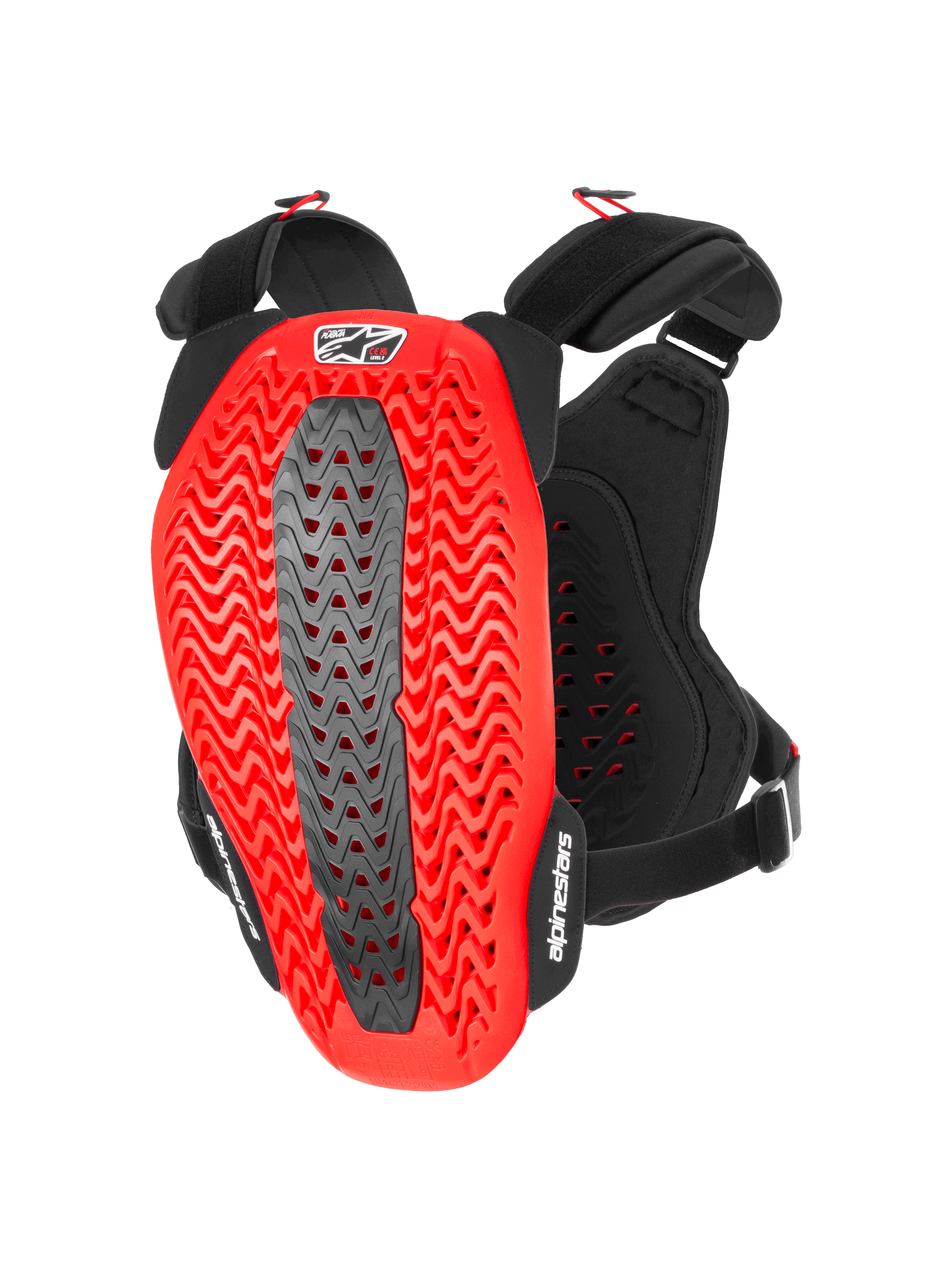 Protector de pecho Alpinestars A-5 Plasma, protector de pecho y espalda para motocicleta, negro y rojo, vista posterior que muestra la carcasa Nucleon PLASMA roja perforada y ondulada con una zona central gris, correas ajustables negras con logotipos blancos, equipo de protección para motocross y conducción off-road