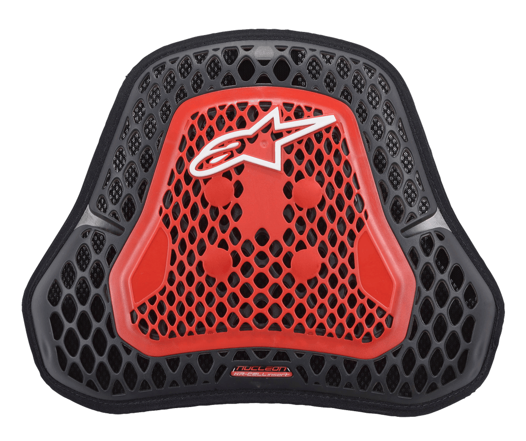 Alpinestars Nucleon KR Cell CiR Protector, protector de pecho para motocicleta, rojo humo transparente y negro, estructura CELL de panal, logo blanco de Alpinestars, armadura corporal ligera y ventilada