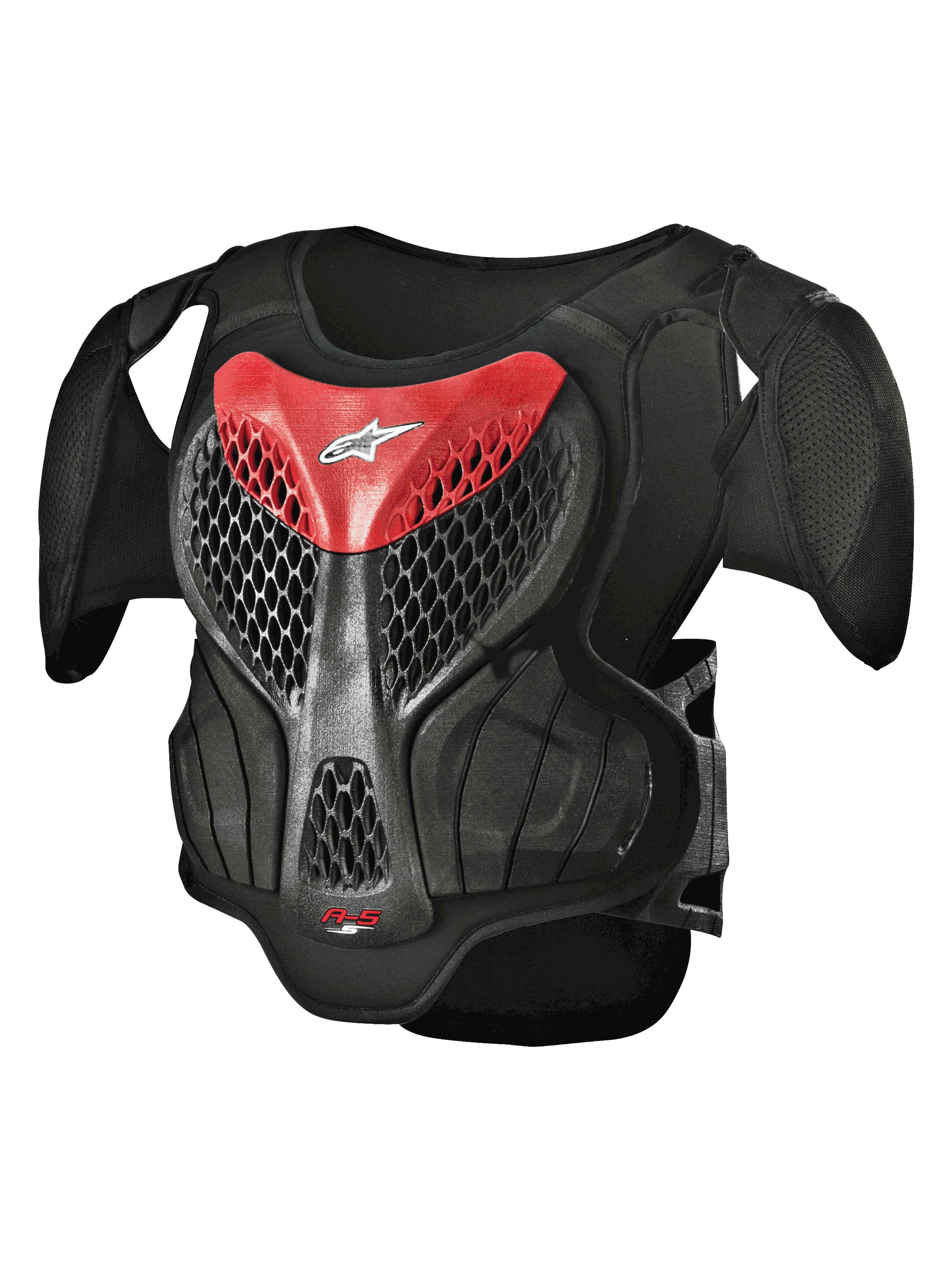 Alpinestars Youth A-5 S Body Armour, Motocross Chest Protector, Black and Red, Hexagonal Mesh Design, Padded Shoulders, Lightweight Protection for Young Riders