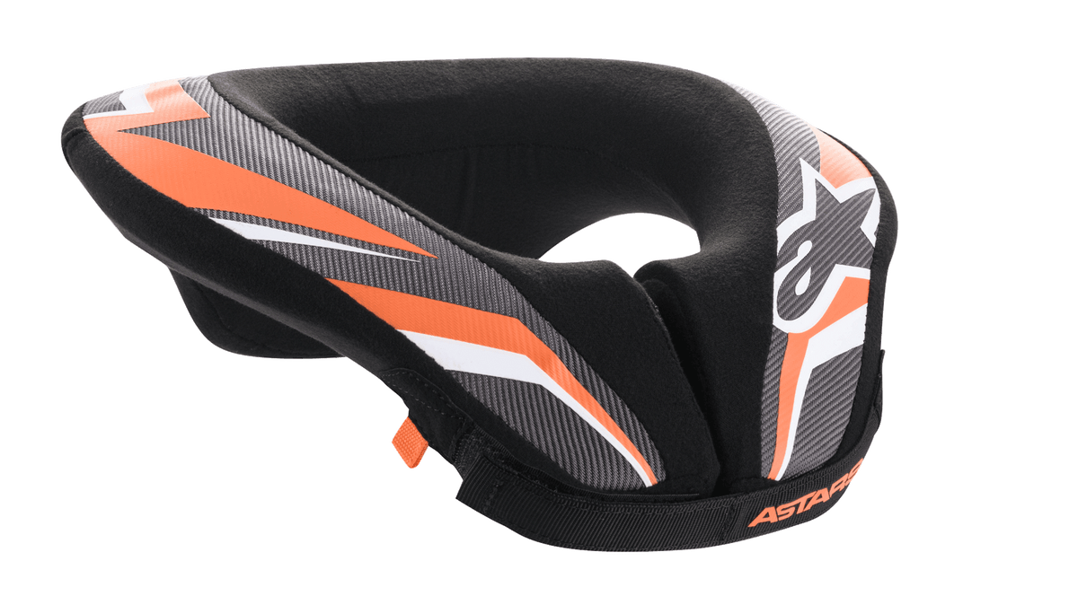 Alpinestars Youth Sequence Neck Roll, Motocross and MTB Neck Brace, Black Anthracite and Orange, padded U-shape design with extended tail for stability, protective gear for youth riders, featuring white Alpinestars logo