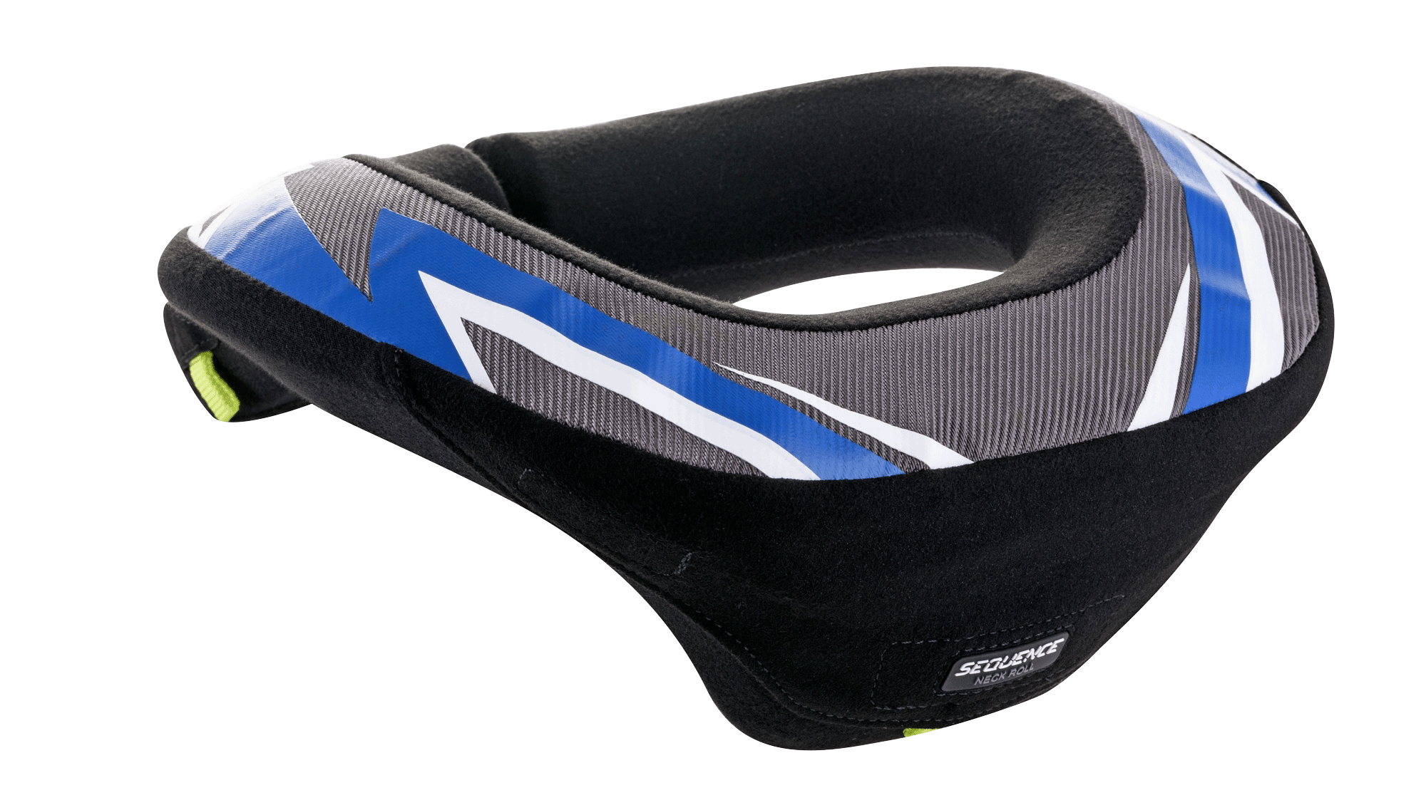 Alpinestars Youth Sequence Neck Roll, protector de cuello, negro antracita y azul, diseño ergonómico con una cola extendida para mayor estabilidad, paneles texturizados grises con detalles gráficos en azul y blanco, forro interior negro suave, diseñado para la seguridad de jóvenes en motocross y karting.