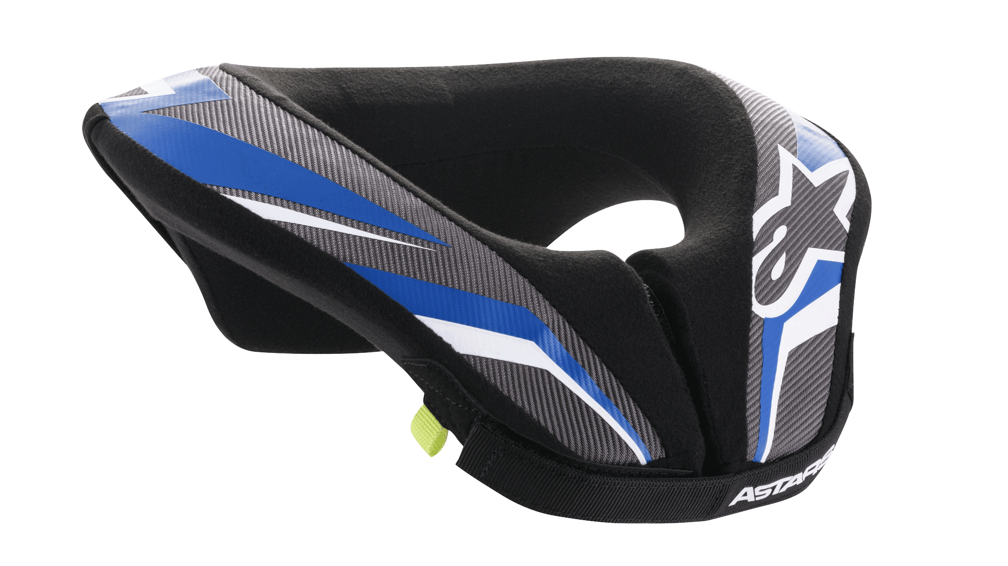 Alpinestars Youth Sequence Neck Roll, Youth Motocross Neck Protector, Black Anthracite and Blue, featuring a padded ergonomic design with blue and gray patterned panels, white accents, and Alpinestars branding, soft inner lining for comfort