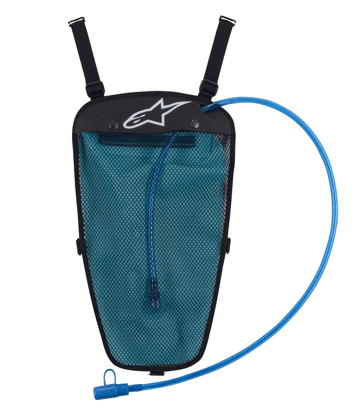 Alpinestars Hydration Pack, mochila de hidratación negra y azul con forma triangular, frente de malla, dos correas ajustables superiores, logo blanco prominente, tubo de bebida azul largo con boquilla, depósito de agua azul visible, diseño funcional para actividades al aire libre