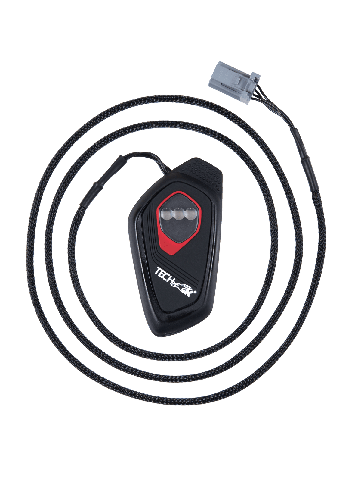 Pantalla LED Alpinestars Tech-Air® 7X, unidad de control electrónica negra en forma de gota con borde rojo, tres indicadores LED circulares, cable trenzado con conector gris, módulo de visualización para sistema de airbag de motocicleta