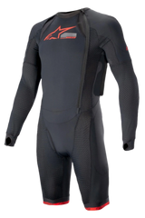 Alpinestars Tech-Air System Base Layer, Black and Bright Red, performance motorcycle undersuit featuring long sleeves with thumb loops, mesh ventilation inserts, red Alpinestars logo on chest, and an off-center zipper for Tech-Air 10 airbag system integration.