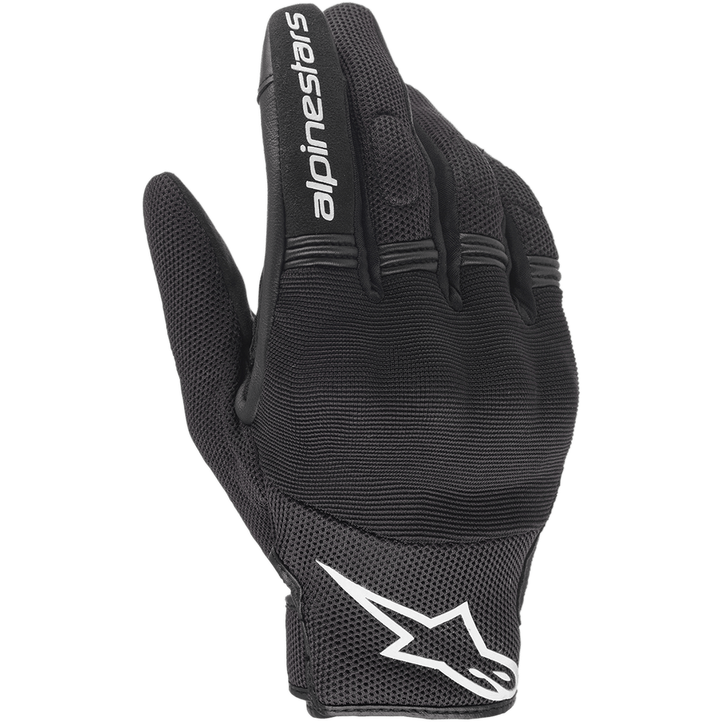 Guantes Alpinestars Copper, guantes de moto urbanos, negros y blancos, vista del dorso que muestra la construcción de malla y tejido, logotipo de Alpinestars blanco en la muñeca y letras en el dedo índice, con paneles de acordeón elásticos y protección de nudillos integrada