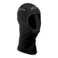 Alpinestars Open-Face Balaclava, Motorcycle Riding Base Layer, Unisex, Black, Moisture-Wicking Textile, featuring silver Alpinestars logos, ergonomic open-face design with flatlock seams and an extended neck for wind protection and coverage.