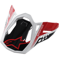 Visera Alpinestars S-M8 Triple, accesorio para casco de motocross, en negro, rojo y blanco, con marca SUPERTECH y logotipo rojo de Alpinestars, diseño geométrico angular con acabado brillante, visera de repuesto para casco off-road Supertech M8