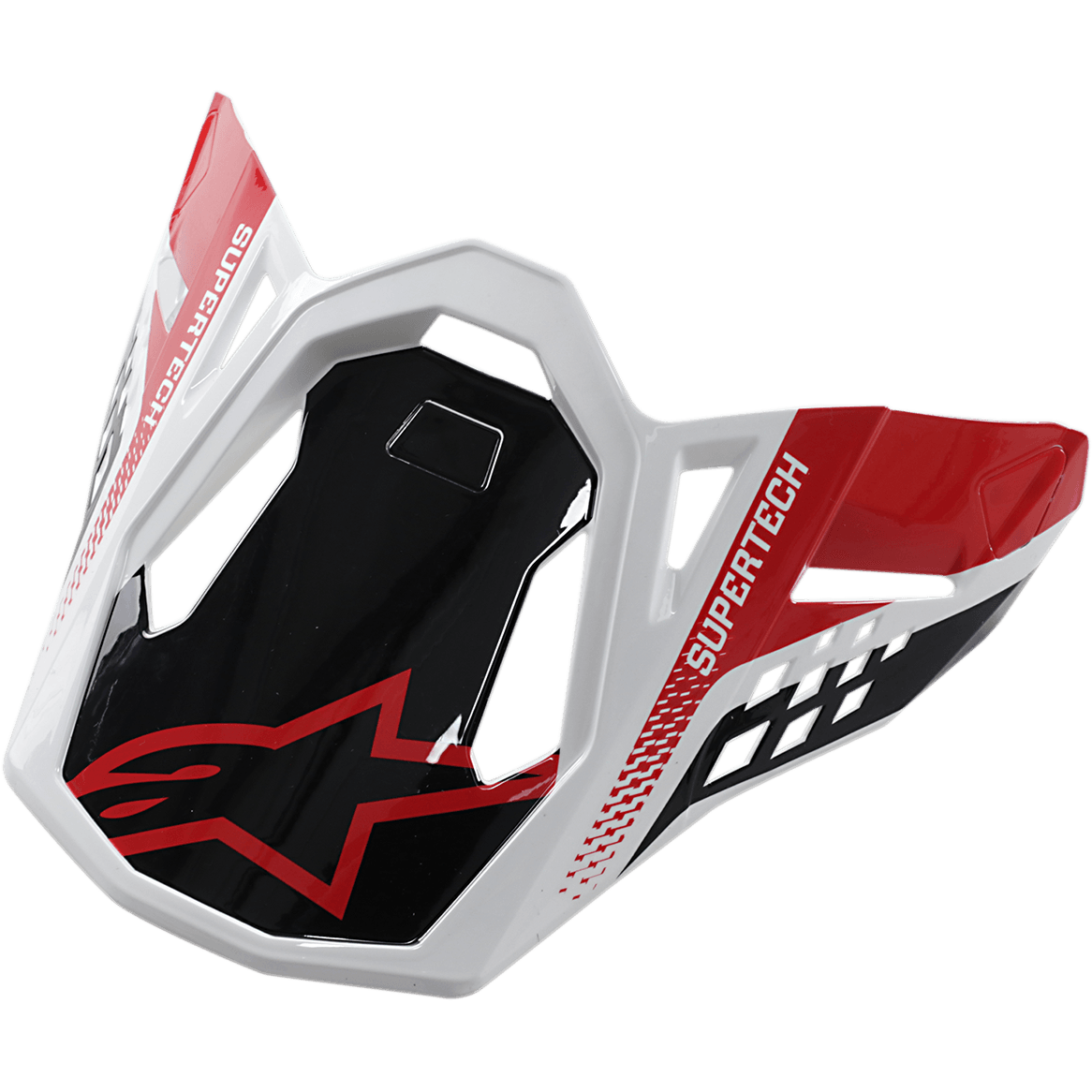 Visera Alpinestars S-M8 Triple, accesorio para casco de motocross, en negro, rojo y blanco, con marca SUPERTECH y logotipo rojo de Alpinestars, diseño geométrico angular con acabado brillante, visera de repuesto para casco off-road Supertech M8