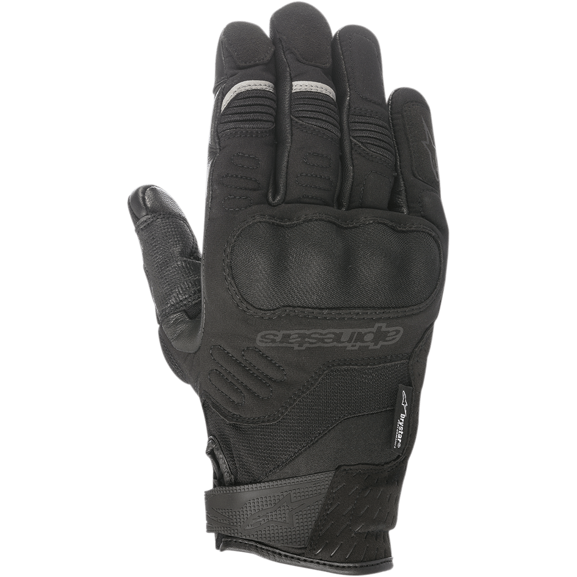 Alpinestars C-30 Drystar®, guantes de moto negros, con protección de nudillos rígida sobremoldeada, confección en tejido elástico y softshell, cierre de velcro en la muñeca y sutiles detalles reflectantes grises en los dedos