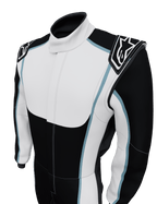Alpinestars Tech Vision V3, traje de automovilismo a medida, blanco y negro con azul claro, con certificación FIA.