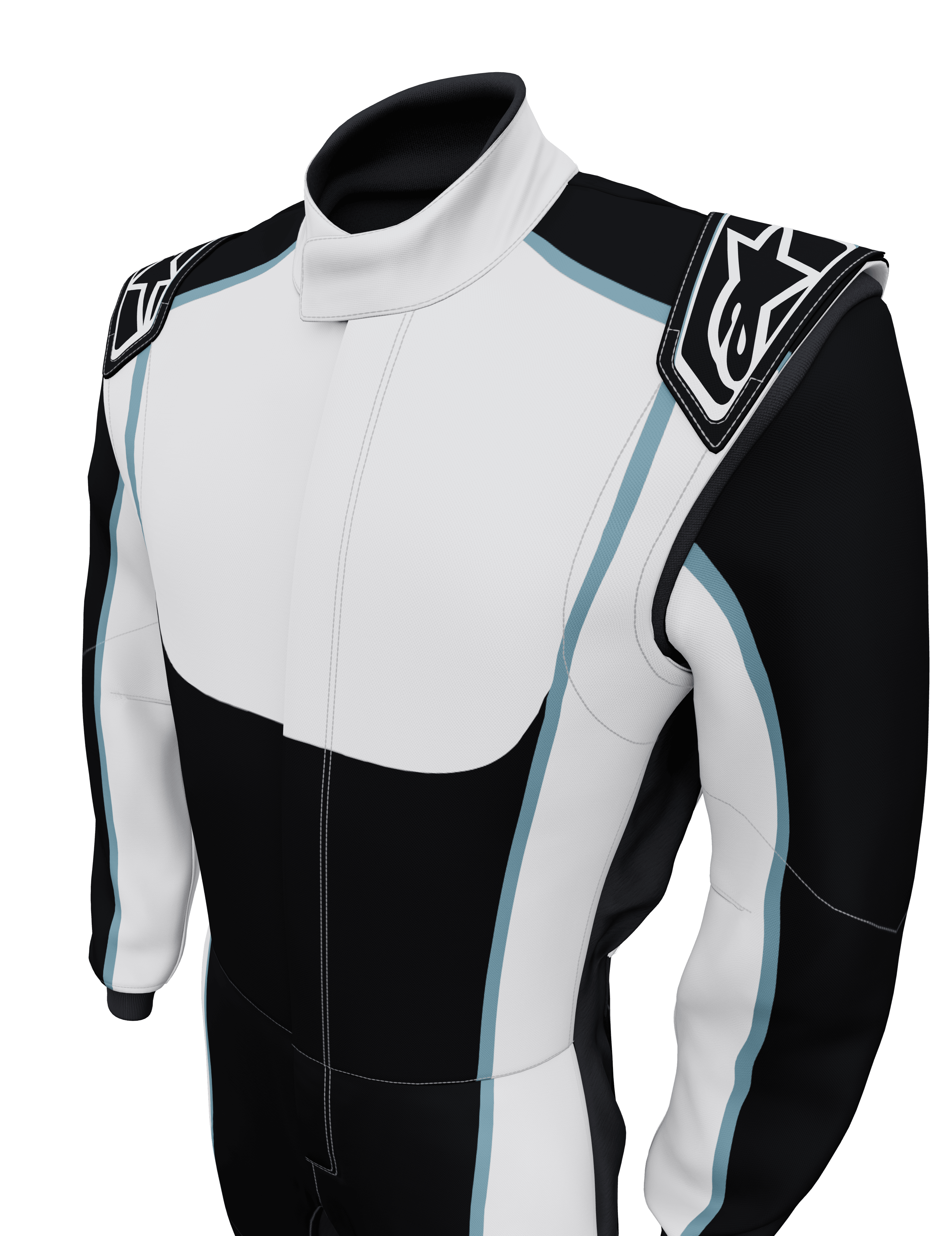 Alpinestars Tech Vision V3, traje personalizado a medida para carreras de automovilismo, negro y blanco con detalles en azul claro, logotipo en charreteras de los hombros, confeccionado en Nomex ignífugo con certificación FIA.
