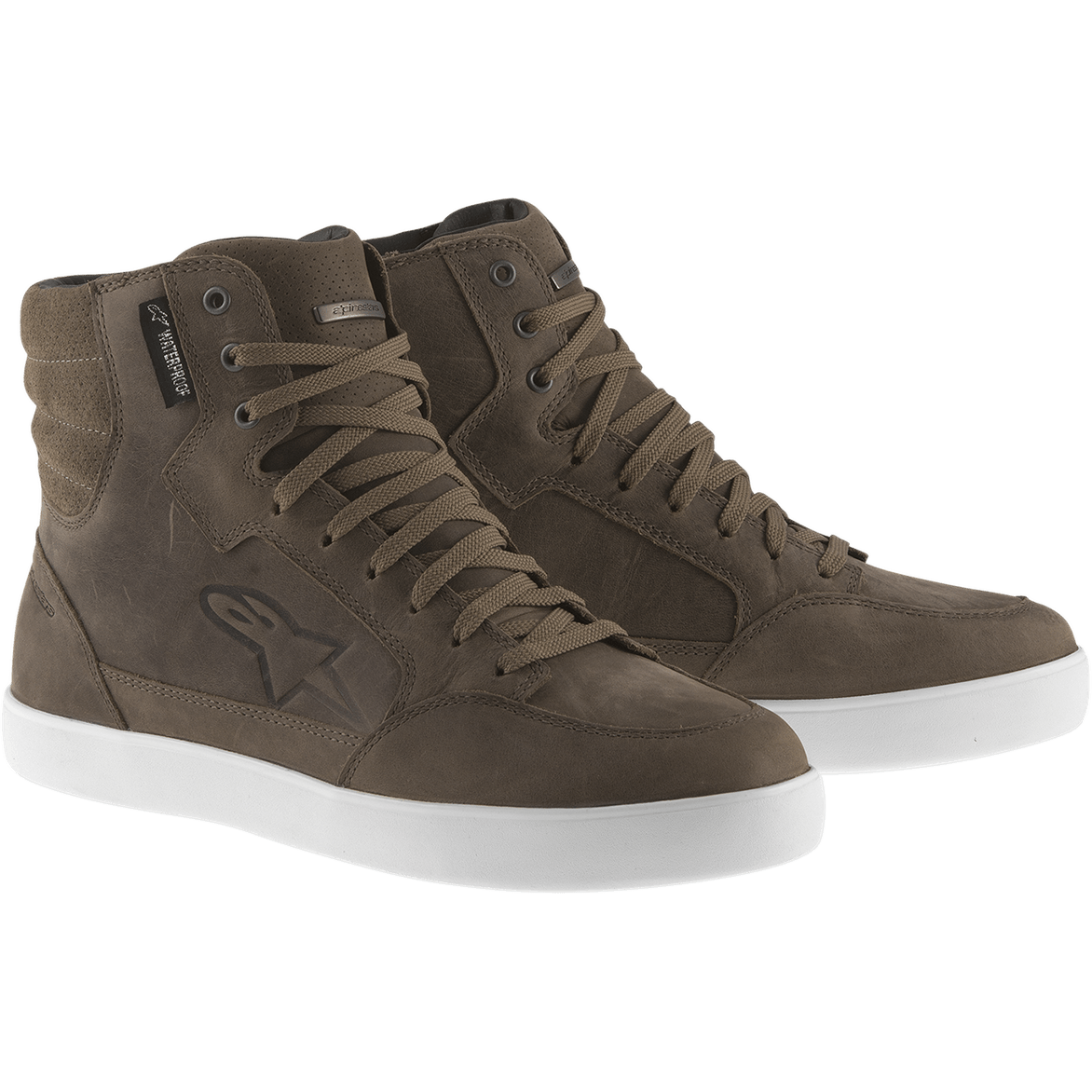 Alpinestars J-6 Waterproof Shoe, zapatillas altas marrones, suelas de goma blancas, calzado de moto urbano y casual, con parte superior de cuero marrón, cuello del tobillo acolchado y ojales metálicos