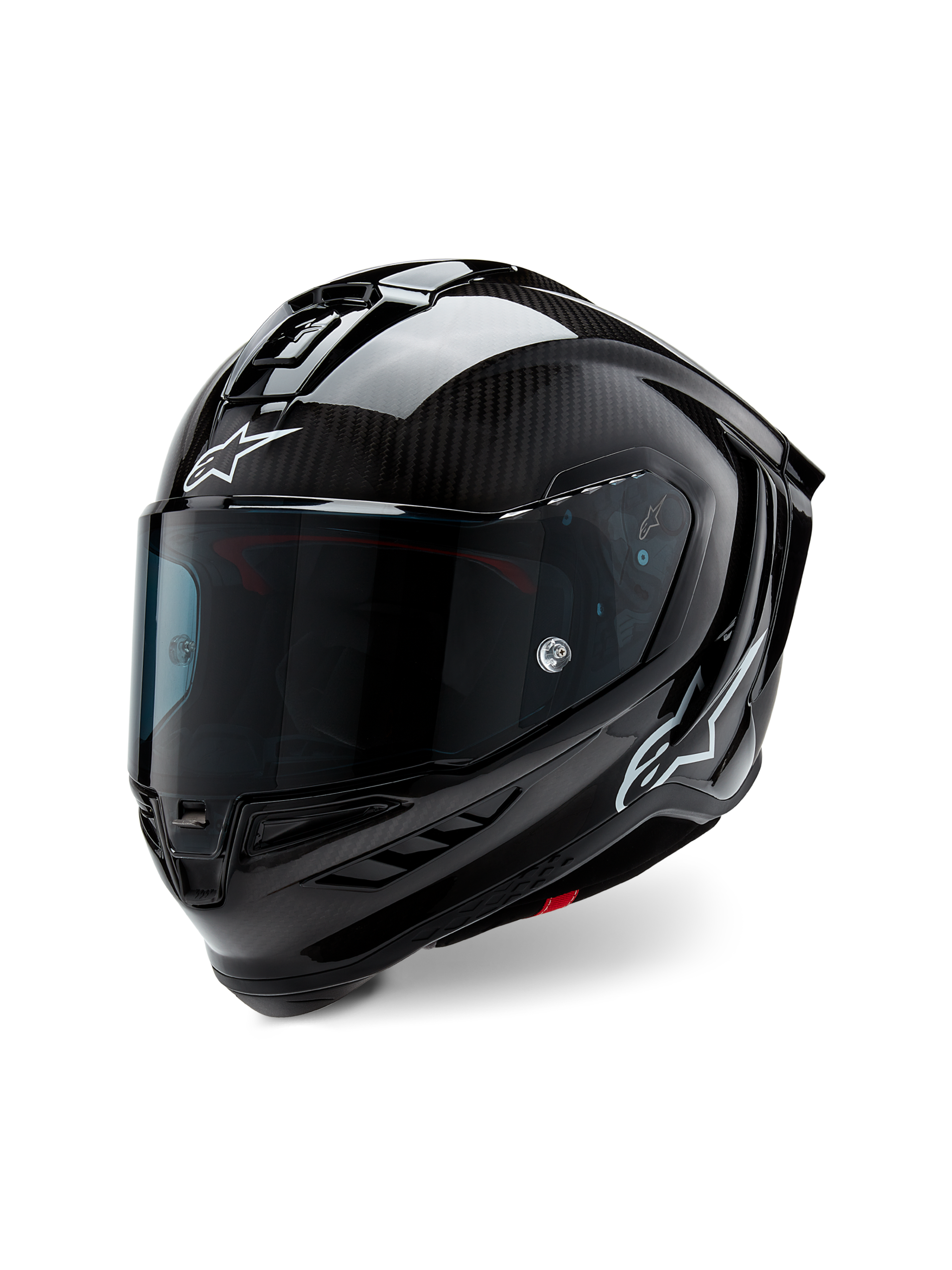 Alpinestars Supertech R10 Solid Helmet, Motorcycle Racing Helmet, Black Carbon Matte and Glossy, featuring visible carbon fiber weave, dark tinted visor, white Astars logos, sleek aerodynamic design