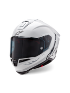 Alpinestars Supertech R10 Solid Helmet, Full-Face Racing Helmet, Glossy White with Black accents, featuring a dark tinted visor, aerodynamic shell design, and Alpinestars logo on the front and side