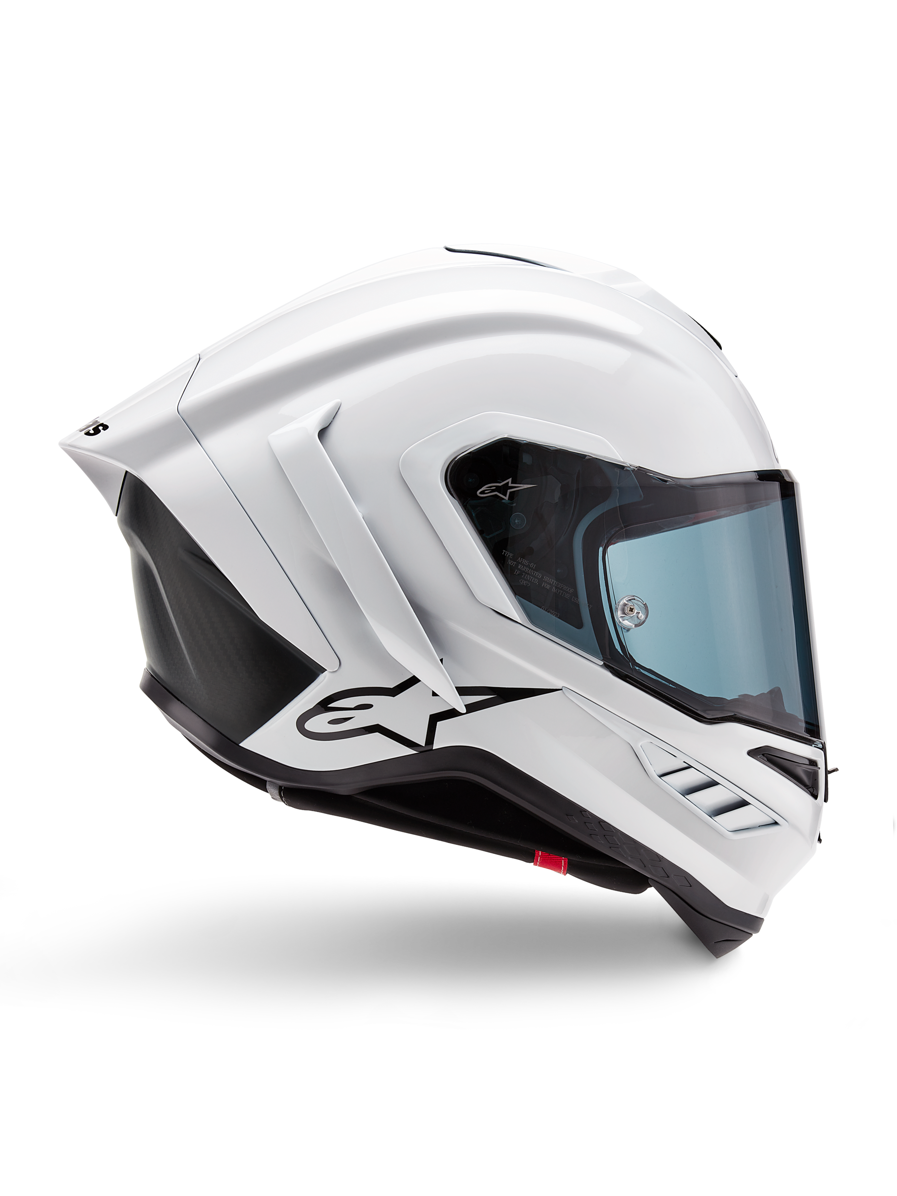 Alpinestars Supertech R10 Solid Helmet, White Glossy and Black Matt motorcycle racing helmet, side profile view, aerodynamic design with rear winglets and side vents, blue-tinted visor, featuring a black Alpinestars star logo on the side