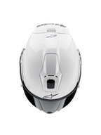 Alpinestars Supertech R10 Solid Helmet, Full-Face Motorcycle Helmet, White Glossy, top-down view highlighting aerodynamic vents and black Alpinestars logos, sleek racing-inspired profile.