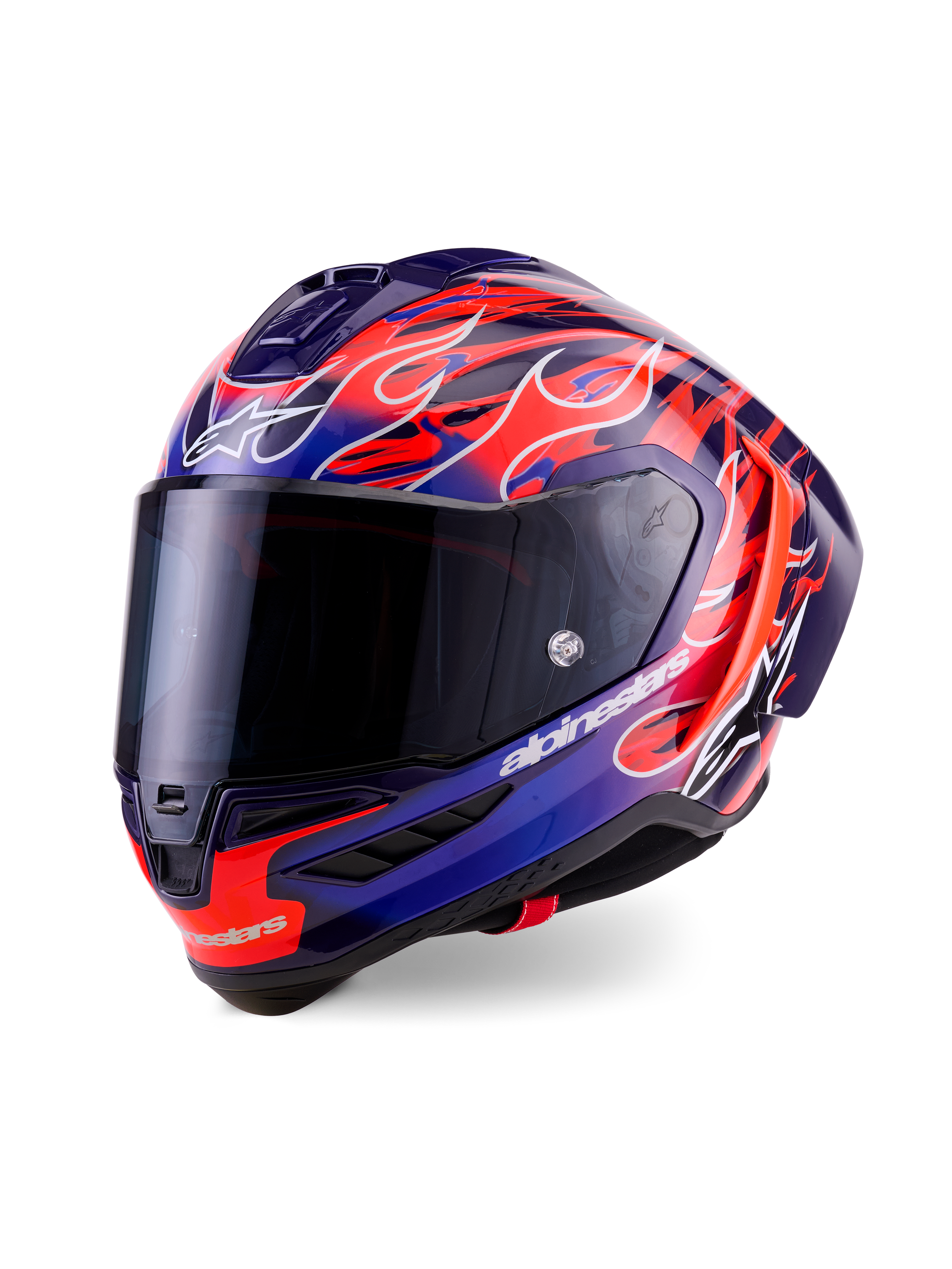 Alpinestars Supertech R10 Limited Edition Flyte Helmet, Full-Face Racing Helmet, Purple and Deep Blue with Vibrant Orange Flame Graphics, features a dark smoke visor and aerodynamic shell, high-performance motorsport gear